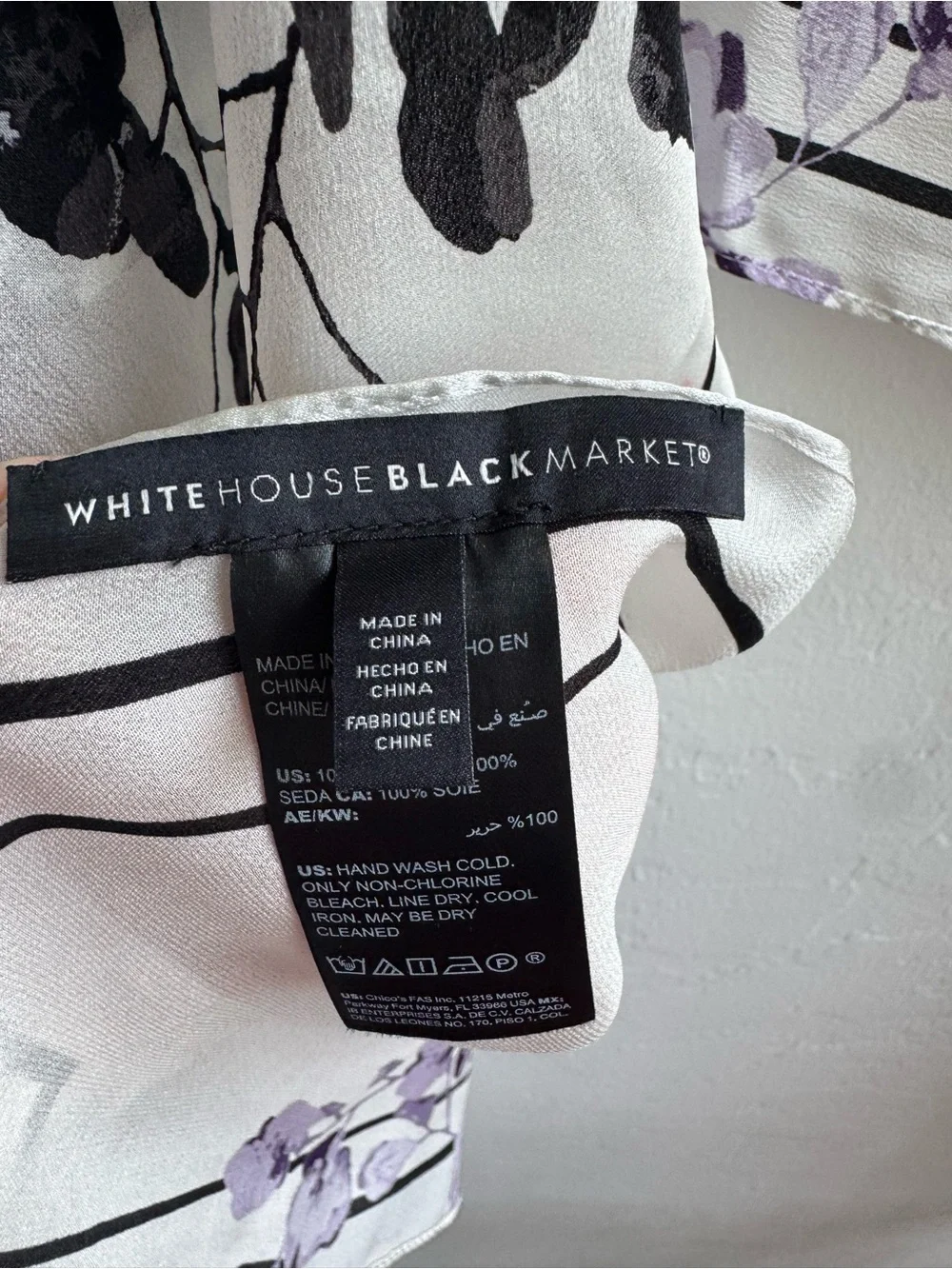 White House black market 100% silk white, black and purple floral scarf shawl
